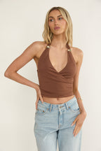 Zima Gold Accent Surplice Neckline Halter Top Chocolate