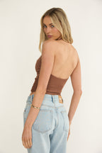 Zima Gold Accent Surplice Neckline Halter Top Chocolate
