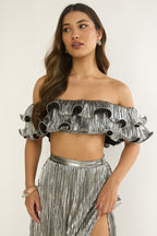 Amaria Off-Shoulder Lettuce Edge Crop Top Silver