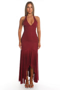 Endira Halter Sheer Hem Midi Dress Burgundy