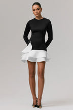 Lucinda | Black & White Long-Sleeve Mini Dress With Ruffle Hem