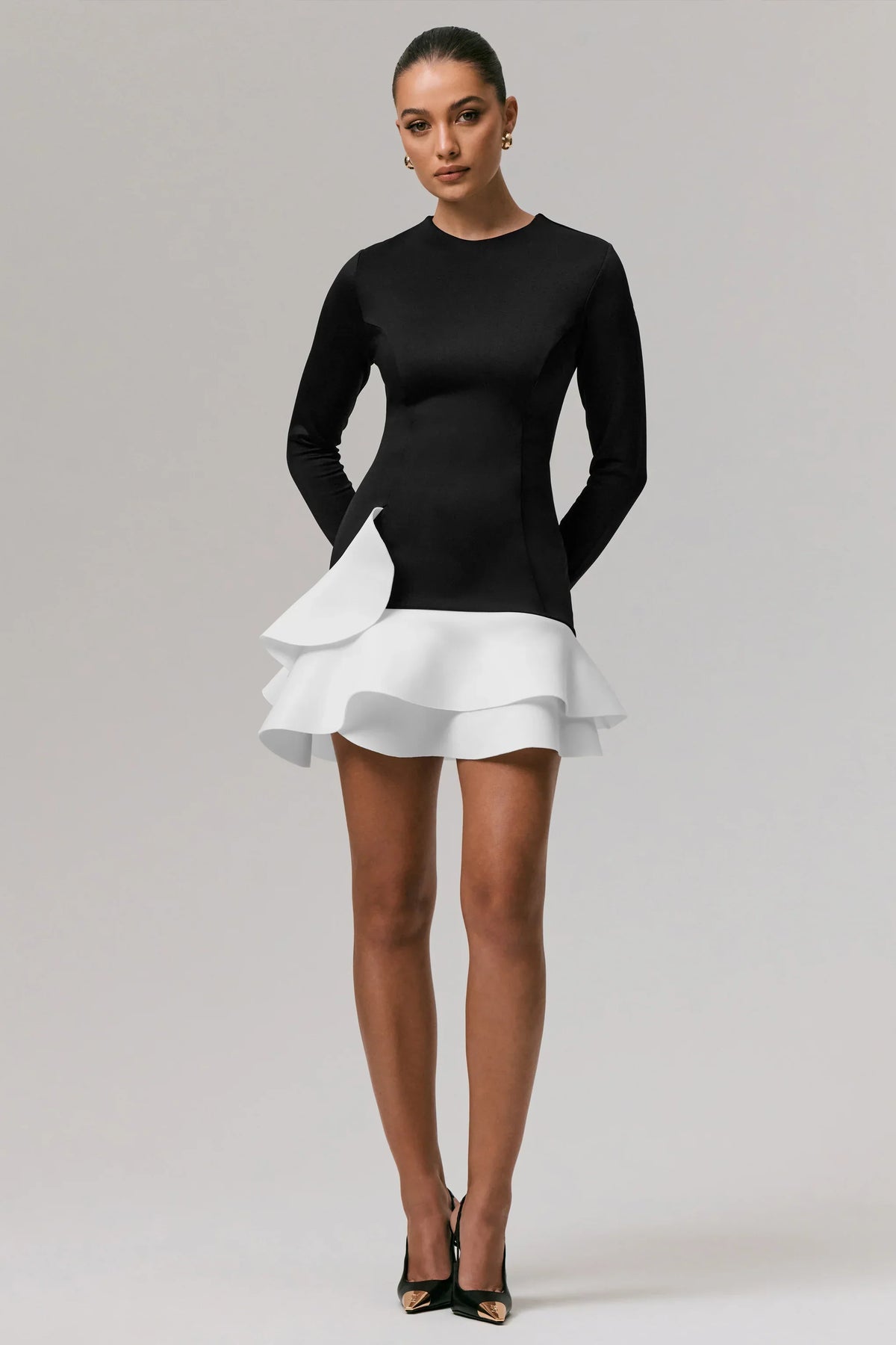 Lucinda | Black & White Long-Sleeve Mini Dress With Ruffle Hem