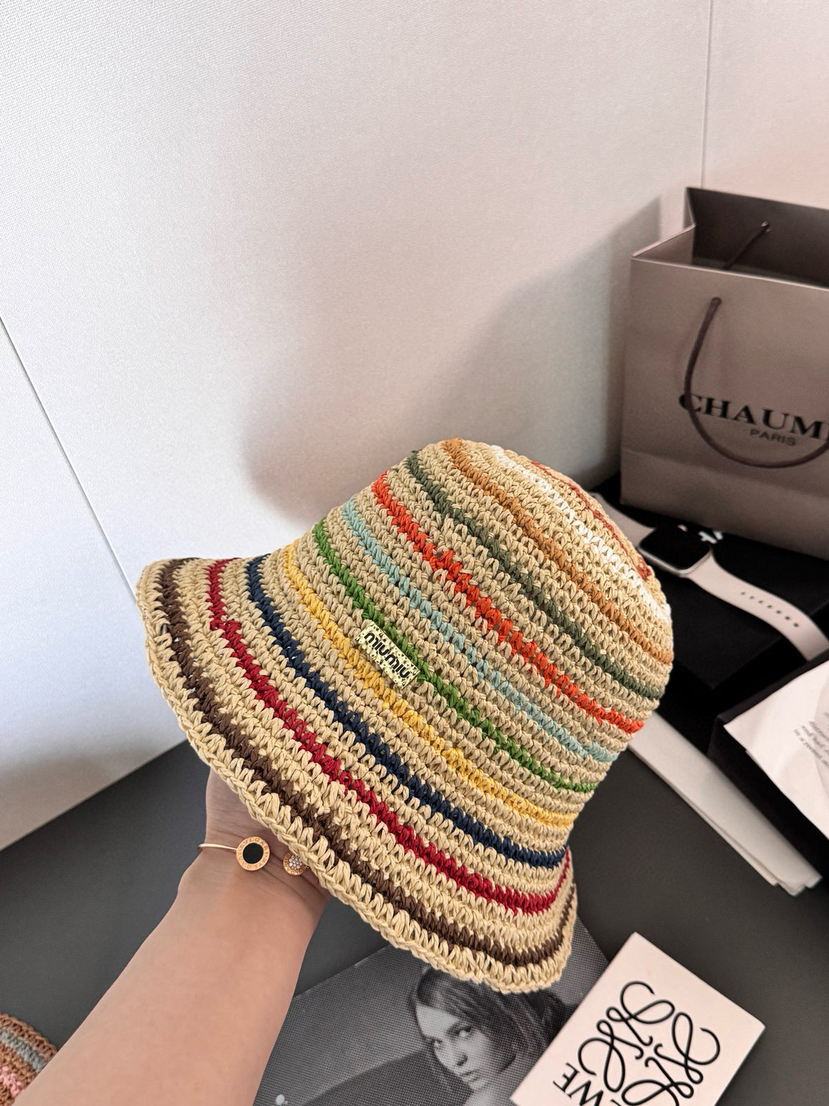 MiuMiu Women's Spring and Summer Rainbow Knit Fisherman's Hat Cap #76551