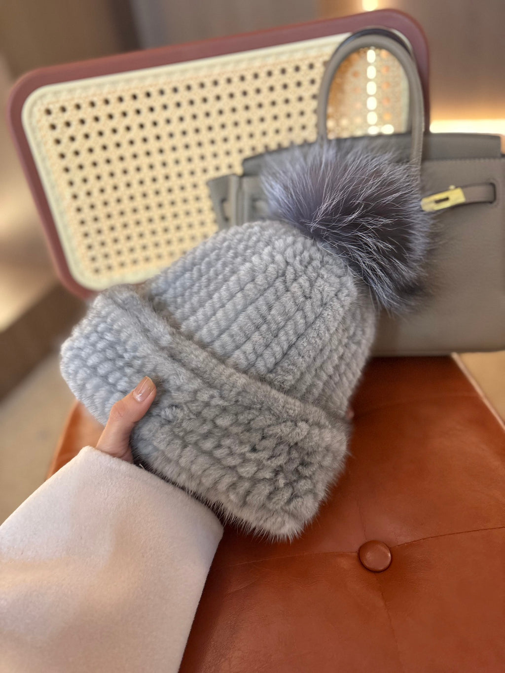 Dior Mink Knitted Patchwork Fur Ball Fur Hat #334275