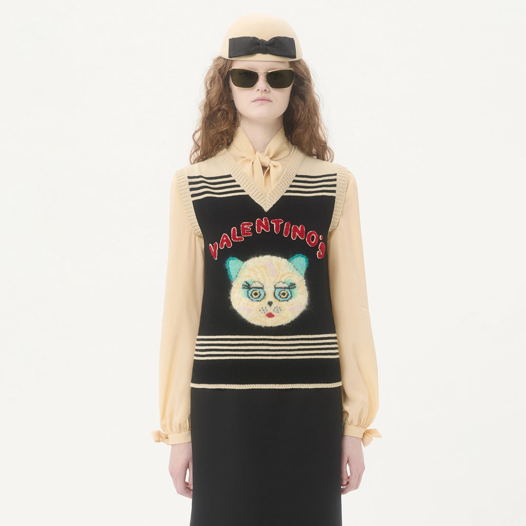 Valentino LE CHAT DE LA MAISON Women's Spring/Autumn Fashion Casual V-neck Knitted Letter Pattern Embroidered Sleeveless Vest  #78441