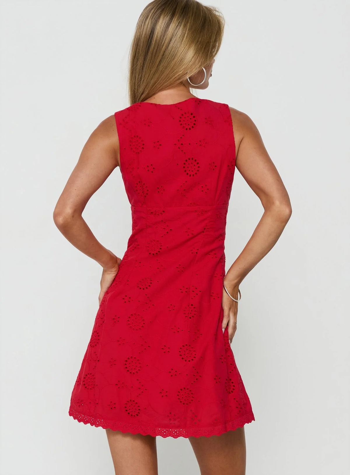 Gabbey Anglaise V Neck Mini Dress Tomato Red