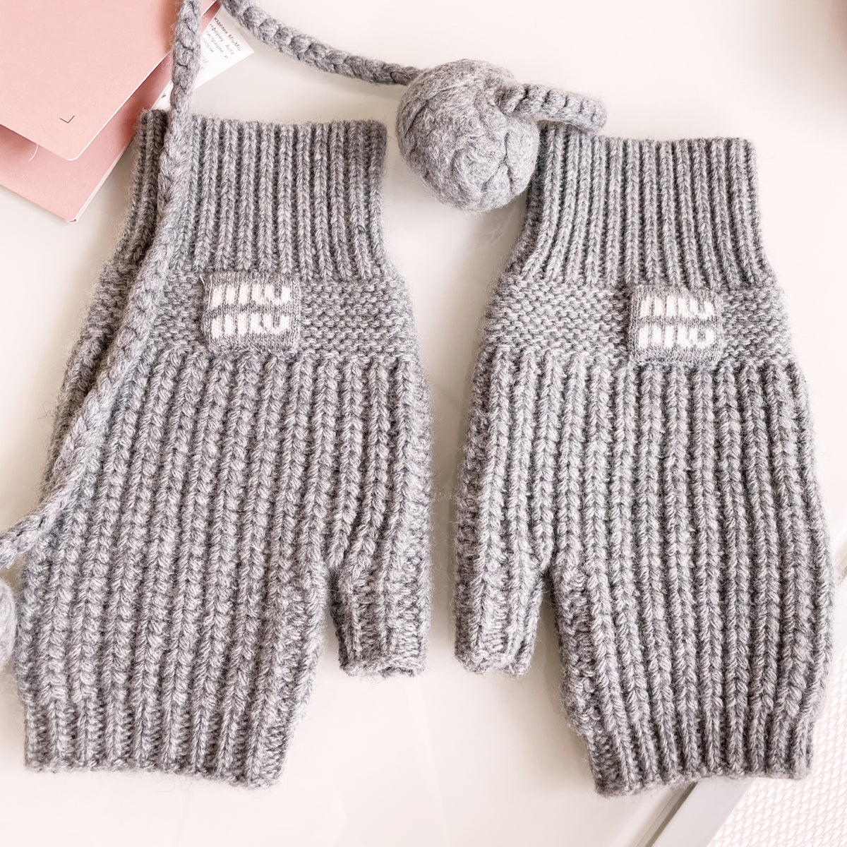 MiuMiu Women's Solid Color Logo Design Cashmere Knit Pom Pom Hat Woolen Gloves #75169