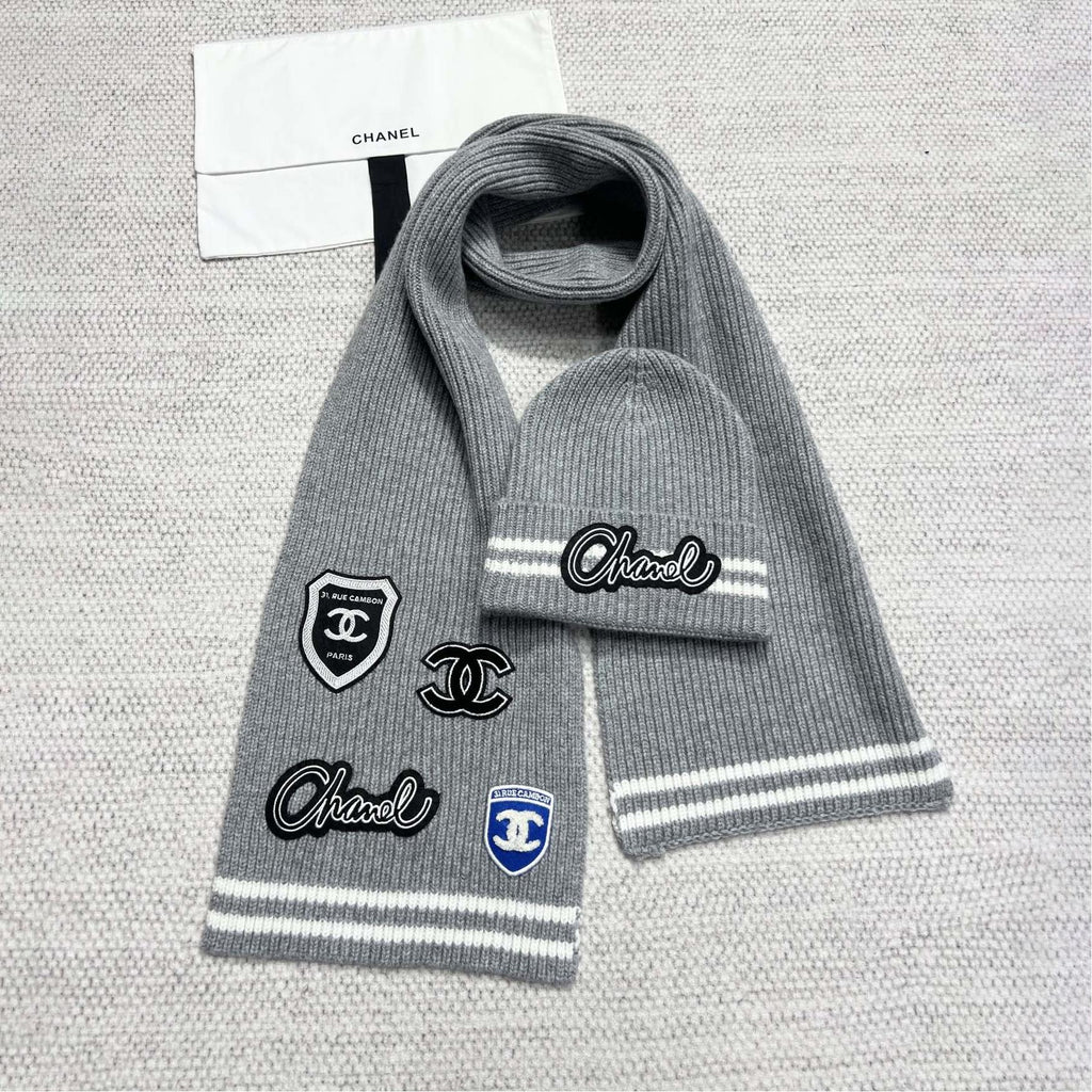 Chanel Women's Winter Graffiti Pattern Letter Print Solid Color Wool Hat Scarf Cap #73621
