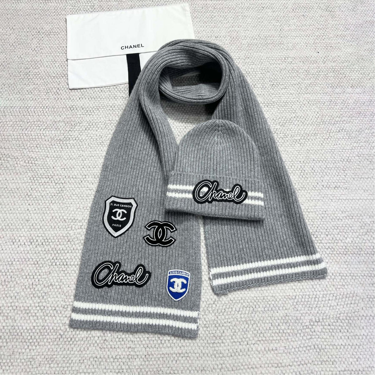 Chanel Women's Winter Graffiti Pattern Letter Print Solid Color Wool Hat Scarf Cap #73621
