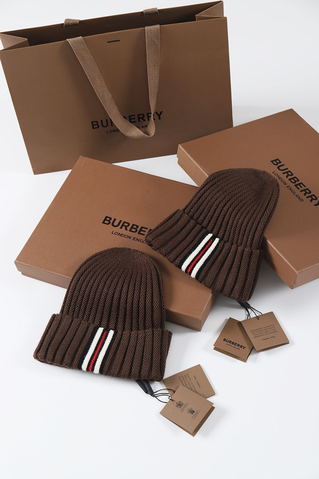 Burberry Men's and Women's Brown and Black Contrast Wool Knitted Hat #333385
