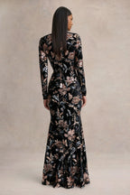 Lyric | Black Floral Velvet And Sequin Embellished Crew-Neck Maxi Dress