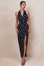 Hana | Black & White Polka Dot Plunge-Neck Tailored Maxi Dress