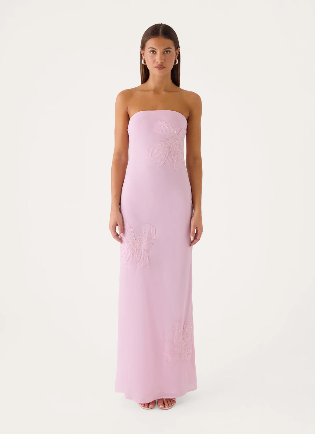 Sassafras Beaded Flower Strapless Maxi Dress - Soft Pink