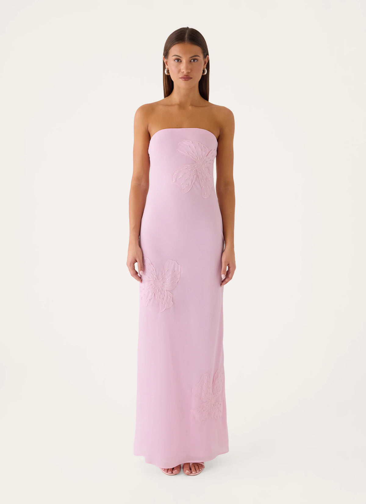 Sassafras Beaded Flower Strapless Maxi Dress - Soft Pink