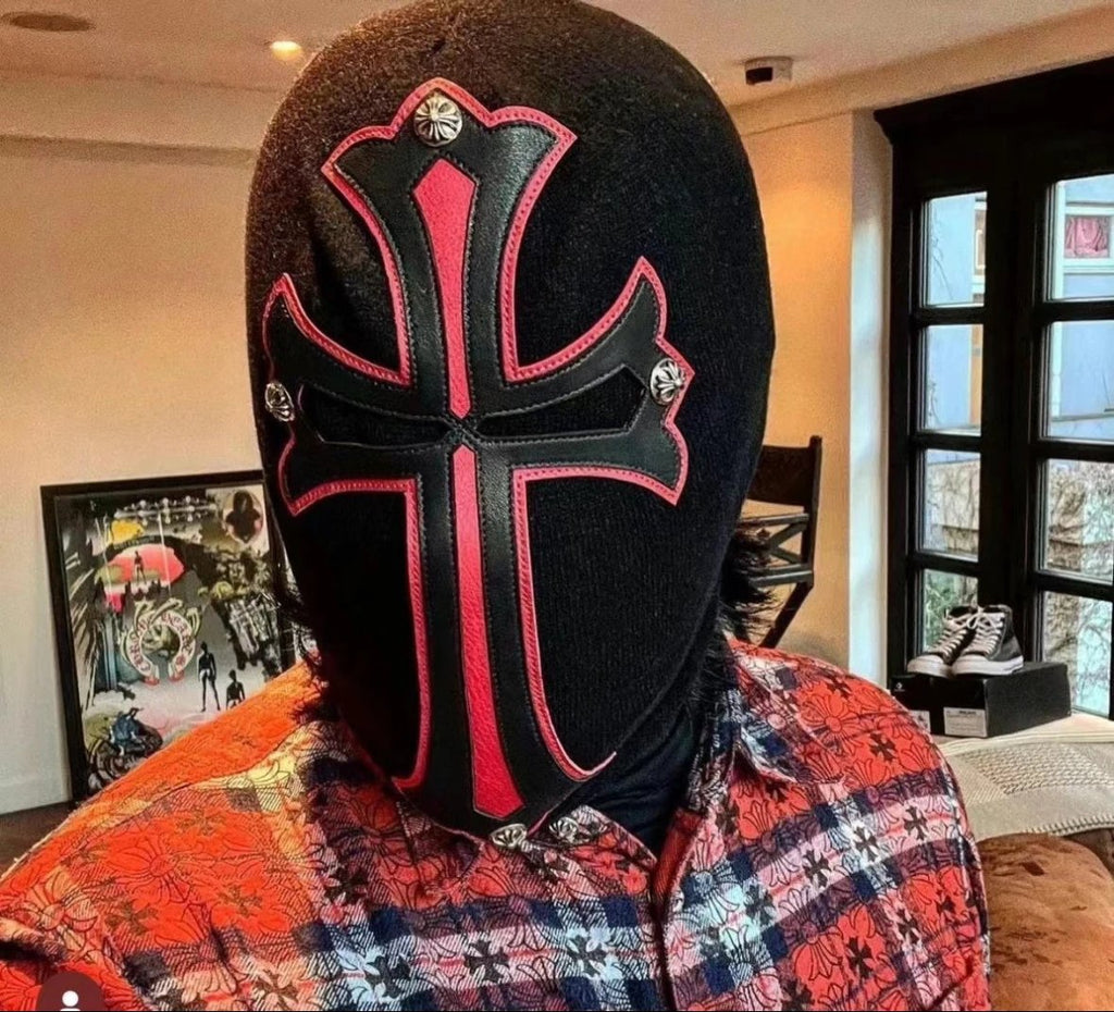 Chrome Hearts Men's Black and Red Cross Patchwork Leatherface Photo Hooded Hat Cap #72853
