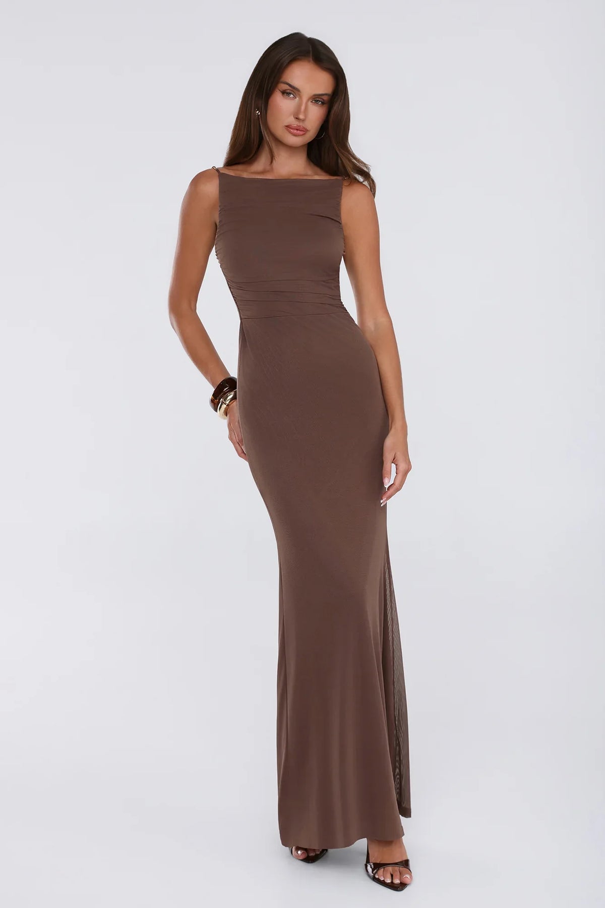 Golden Hourglass Mesh Maxi Dress Brown