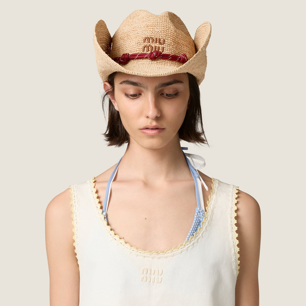 MiuMiu Beige burgundy Raffia Hat #394990