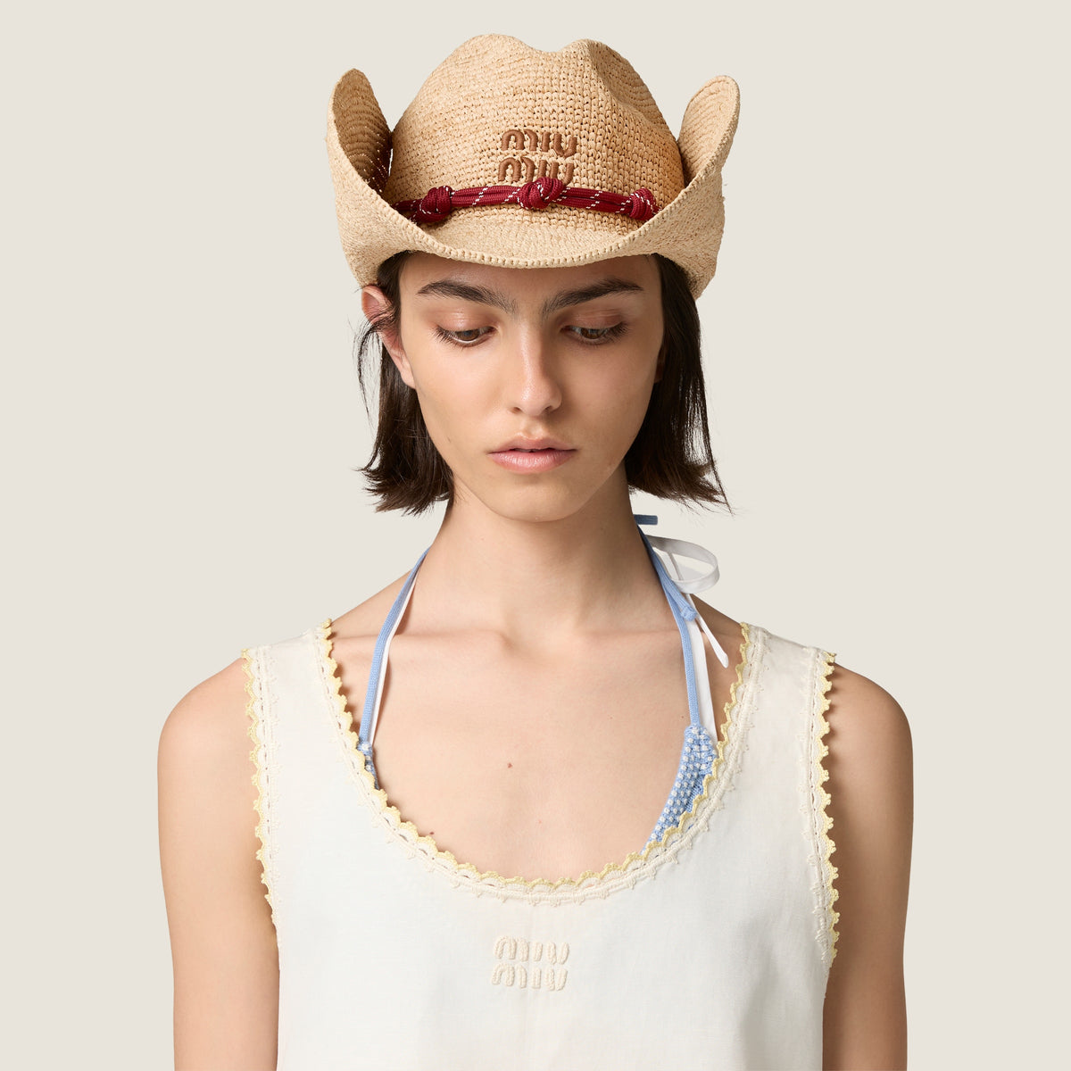 MiuMiu Beige burgundy Raffia Hat #394990
