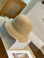 Celine Men's and Women's Embroidered Logo Pattern Khaki Raffia Woven Fisherman's Hat Cap #76174