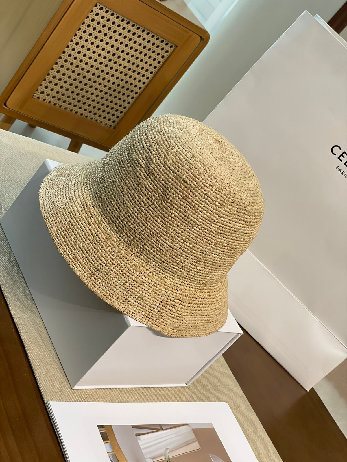 Celine Men's and Women's Embroidered Logo Pattern Khaki Raffia Woven Fisherman's Hat Cap #76174