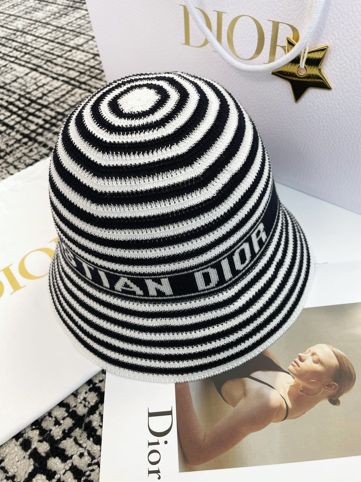 Dior Dioriviera D-Tulipe Women's Black and White Striped Embroidered Letter Printed Cotton Fisherman's Hat Cap #72552