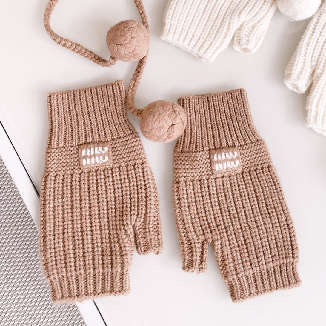 MiuMiu Women's Solid Color Logo Design Cashmere Knit Pom Pom Hat Woolen Gloves #75169