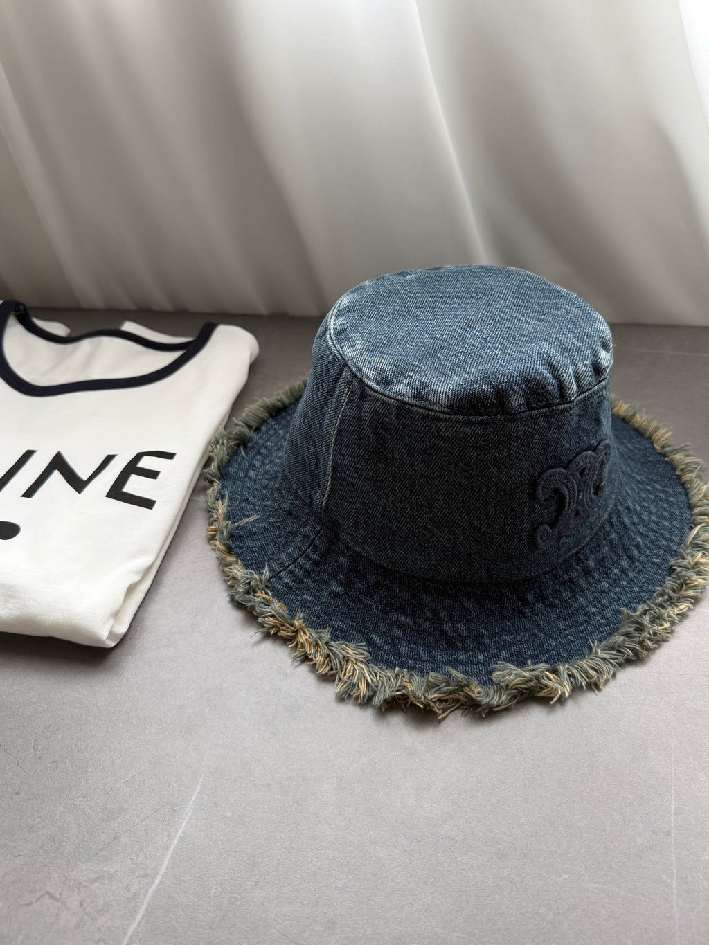 Chanel Women's Solid Colour Washed Denim Fringed Raw Edge Fisherman's Hat Cap #76781
