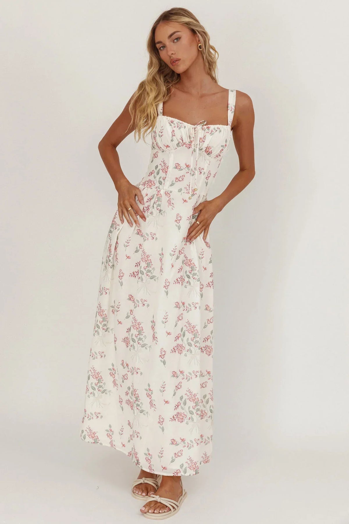Seen The Light Tie Bust Maxi Dress Floral Cream/Pink