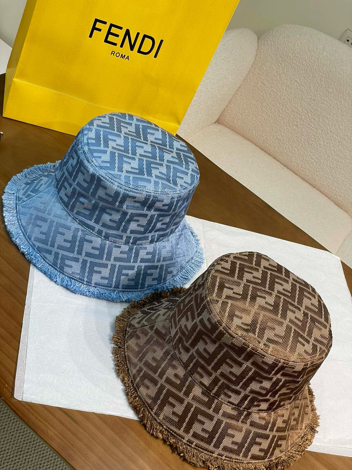 Fendi Men's And Women's Solid Colour Letters Jacquard Tassel Burlap Denim Fisherman Cap Baseball Hat #76889