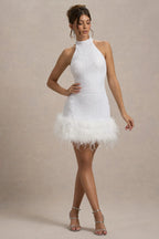 Lumi | White Sequin High-Neck Feather Trim Mini Dress