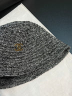 CHANEL Cloche Hat Cotton Mixed Fibers Metal Black White Gold #387336