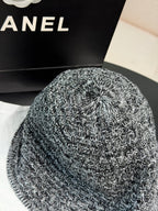 CHANEL Cloche Hat Cotton Mixed Fibers Metal Black White Gold #387336
