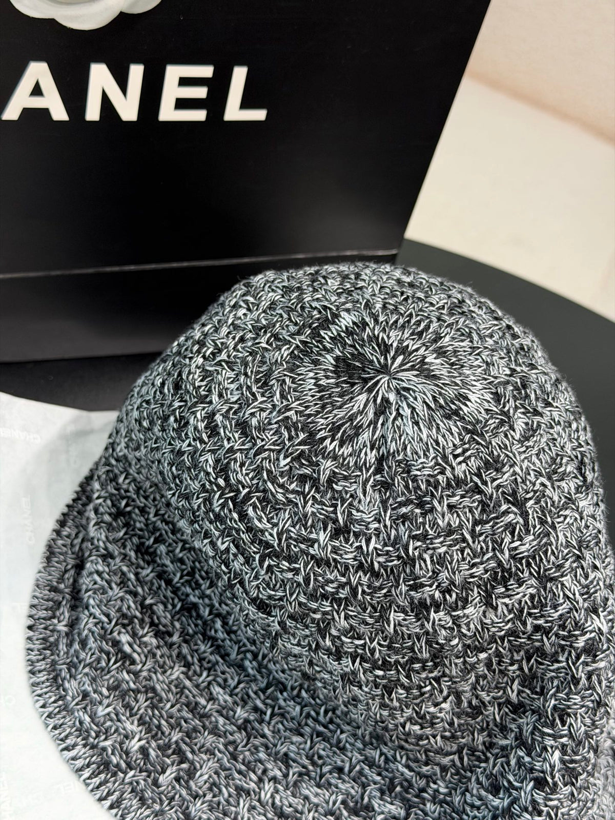 CHANEL Cloche Hat Cotton Mixed Fibers Metal Black White Gold #387336