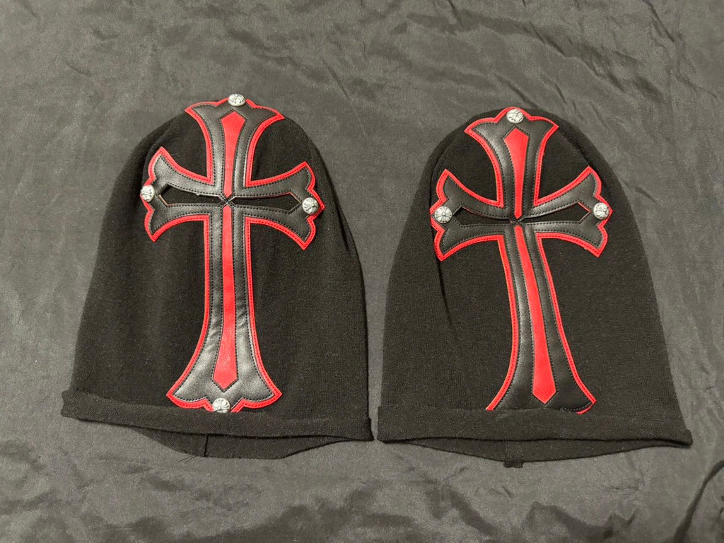 Chrome Hearts Men's Black and Red Cross Patchwork Leatherface Photo Hooded Hat Cap #72853