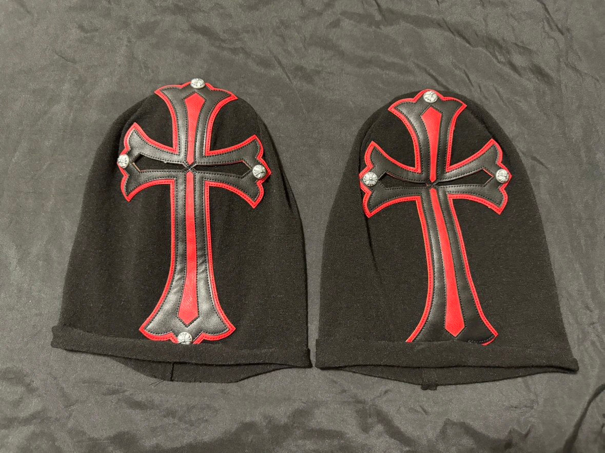 Chrome Hearts Men's Black and Red Cross Patchwork Leatherface Photo Hooded Hat Cap #72853