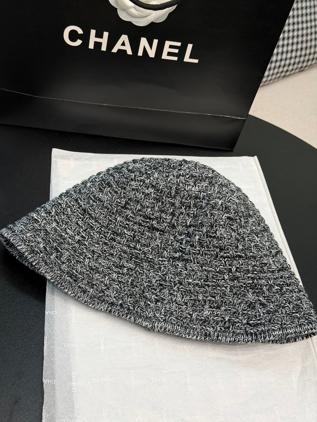 CHANEL Cloche Hat Cotton Mixed Fibers Metal Black White Gold #387336
