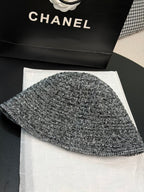 CHANEL Cloche Hat Cotton Mixed Fibers Metal Black White Gold #387336