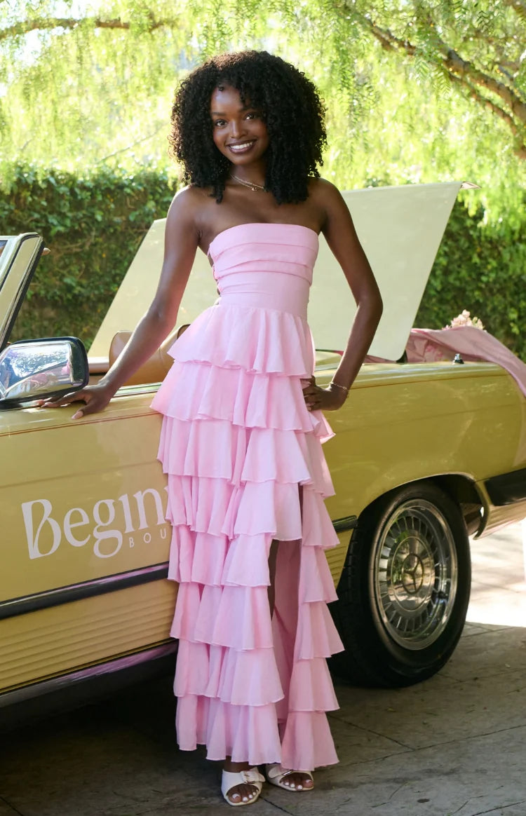 Kim Pink Strapless Ruffle Maxi Dress