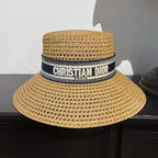 Dior Women's Solid Colour Straw Letter Embroidery Trimmed Strap Fisherman's Hat D-Bobby Wide Brim Hat #76871