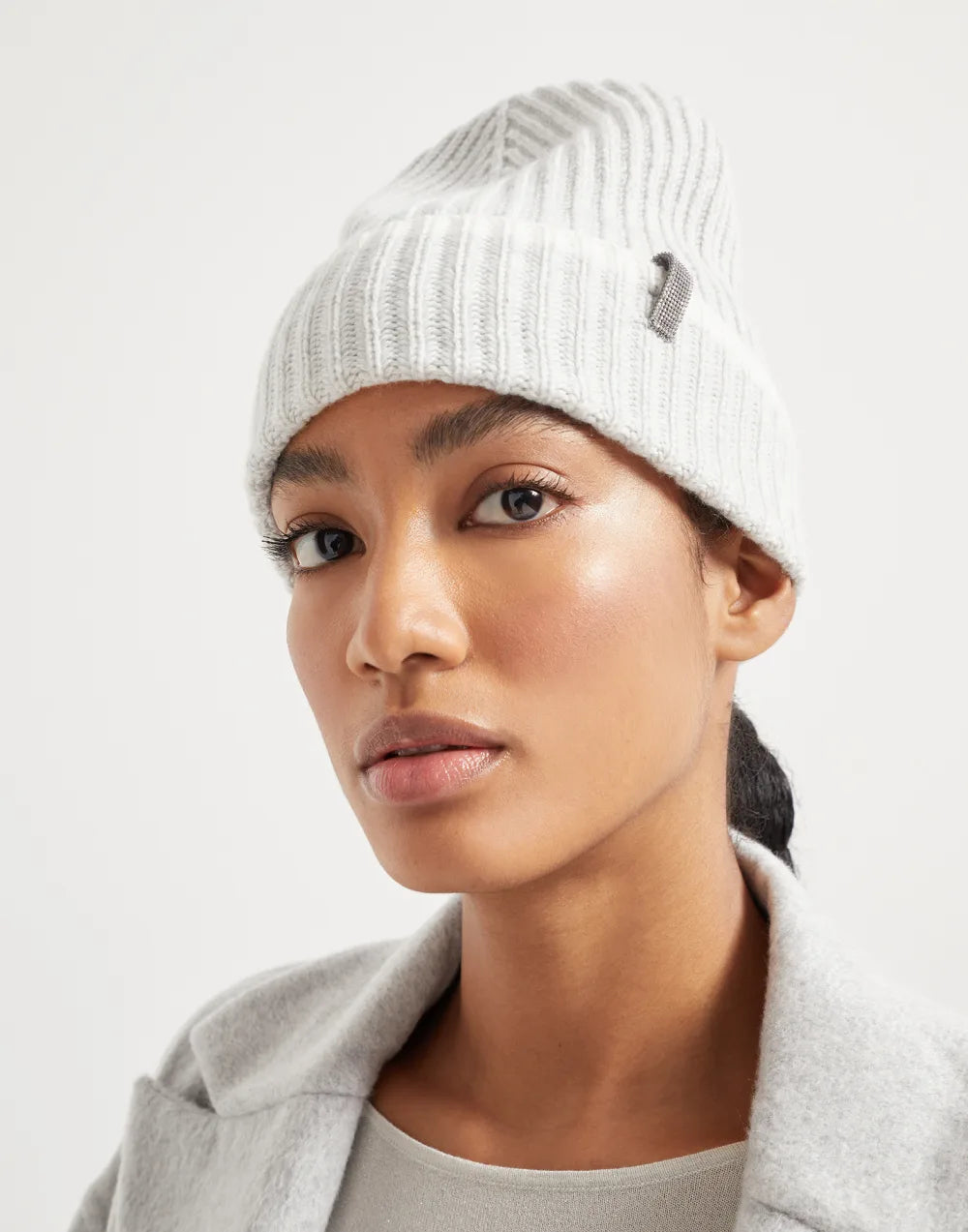 Brunello Cucinelli Women's Fall/Winter Striped Solid Color Cashmere English Rib Knit Beanie With Monili Casual Hat Cap Ngvp #2524