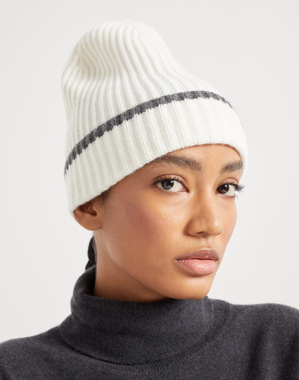 Brunello Cucinelli Women's Fall/Winter Striped Solid Color Cashmere English Rib Knit Beanie With Monili Casual Hat Cap Ngvp #2524