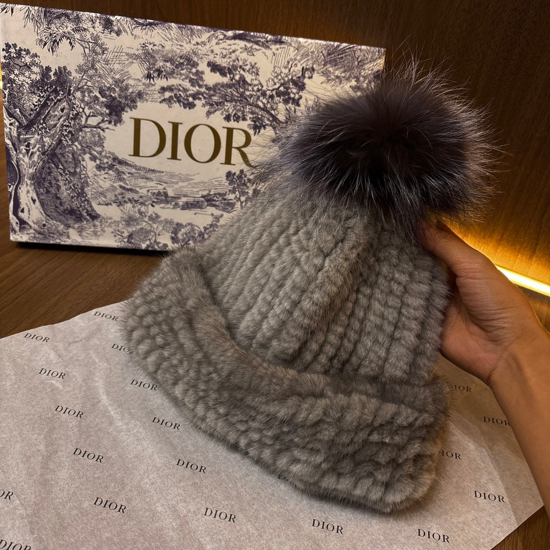 Dior Mink Knitted Patchwork Fur Ball Fur Hat #334275