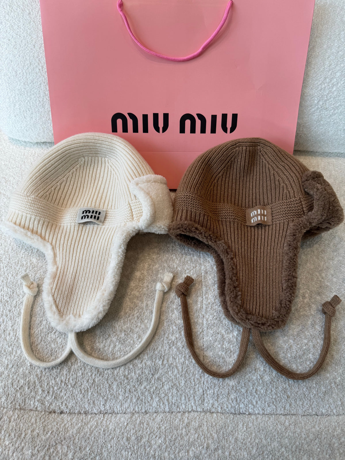 MiuMiu Camel Brown Wool Cashmere And Shearling Trapper Hat #335646