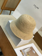 Celine Men's and Women's Embroidered Logo Pattern Khaki Raffia Woven Fisherman's Hat Cap #76174