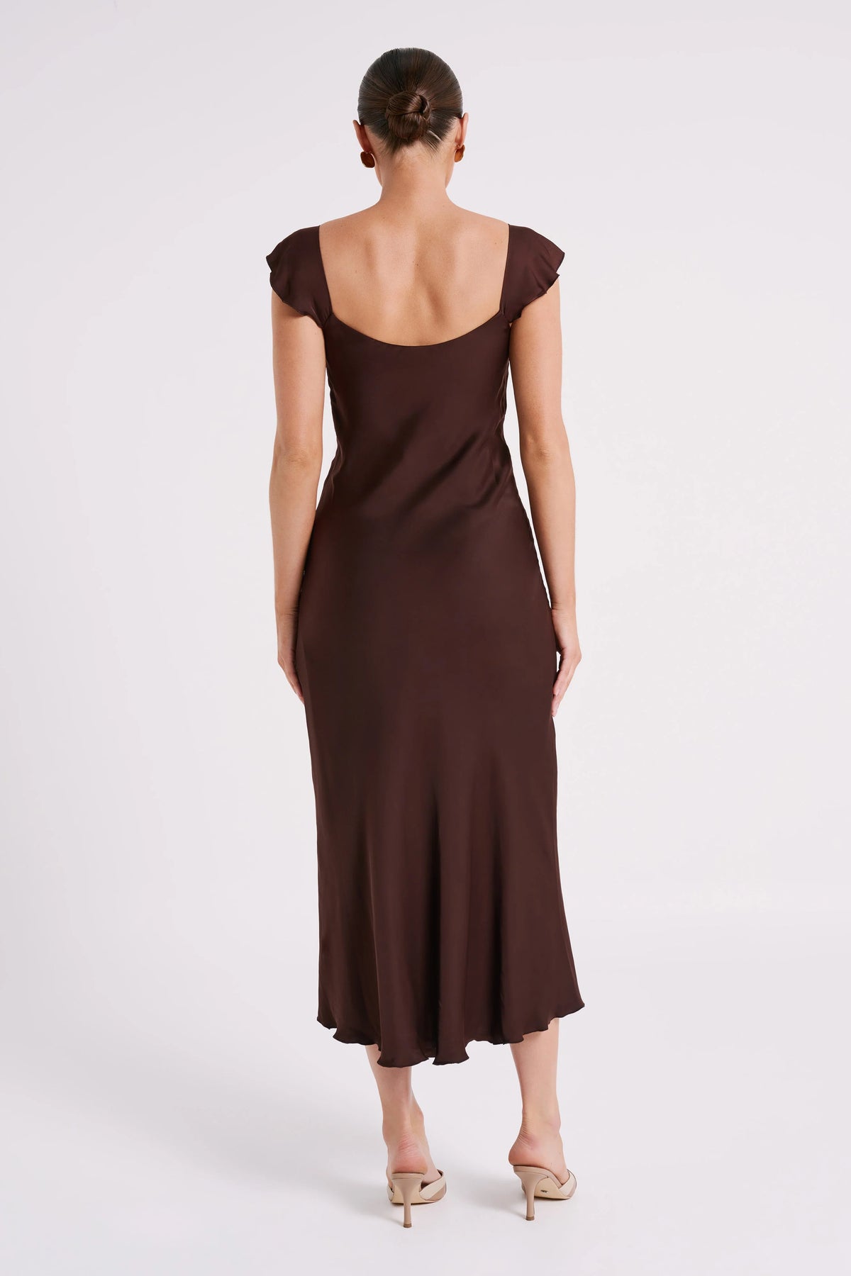 MESHKI Chantal Short Sleeve Satin Midi Dress - Dark Chocolate
