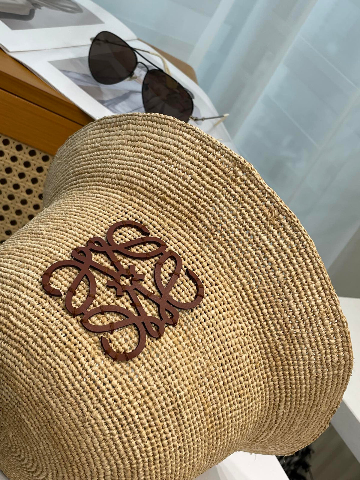 Loewe Women's Khaki Raffia And Cowhide Bucket Hat Flat Cap Large Brim Hat #75956