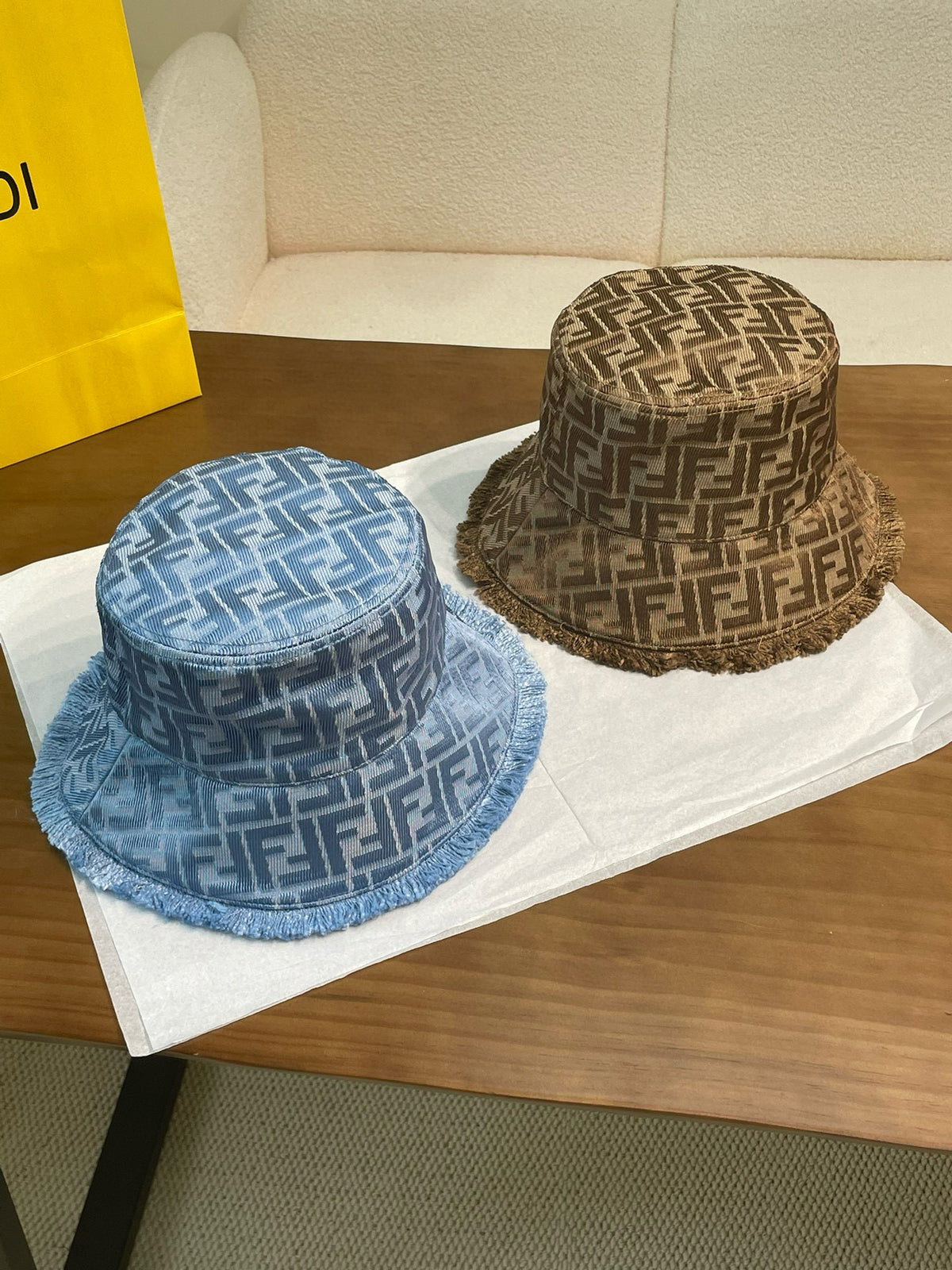 Fendi Men's And Women's Solid Colour Letters Jacquard Tassel Burlap Denim Fisherman Cap Baseball Hat #76889