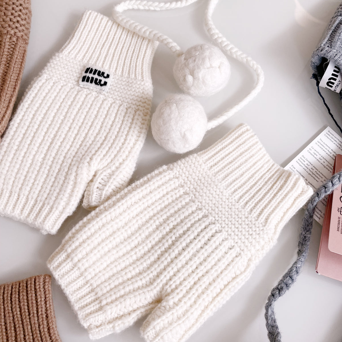 MiuMiu Women's Solid Color Logo Design Cashmere Knit Pom Pom Hat Woolen Gloves #75169