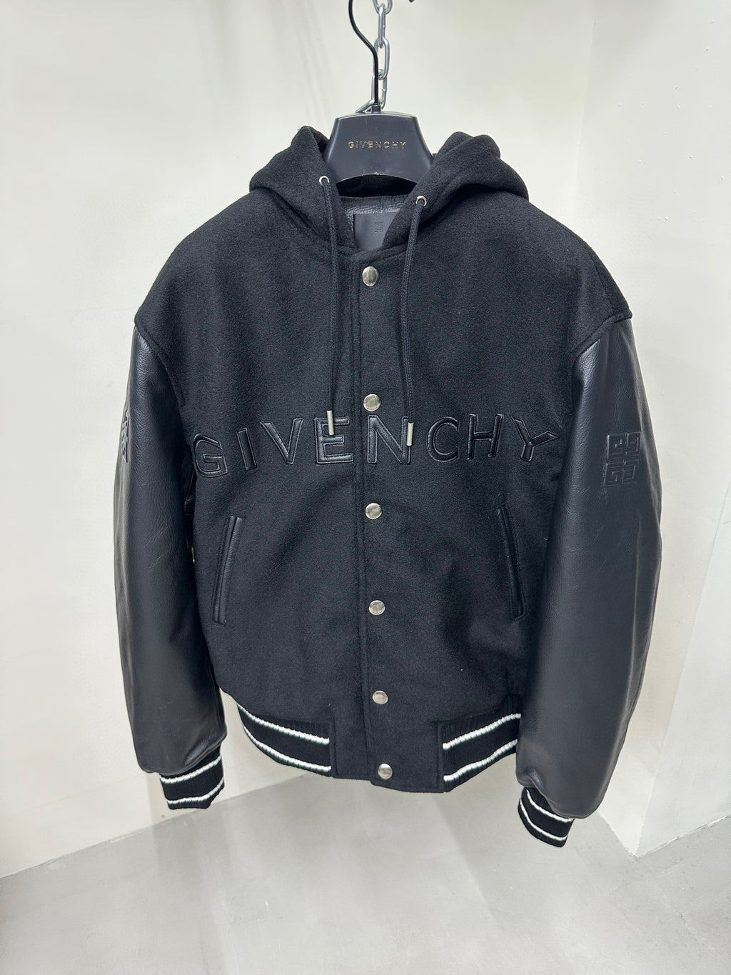 Givenchy Leather Wool Long Sleeve Hooded Zip Split Hat Jacket #1432