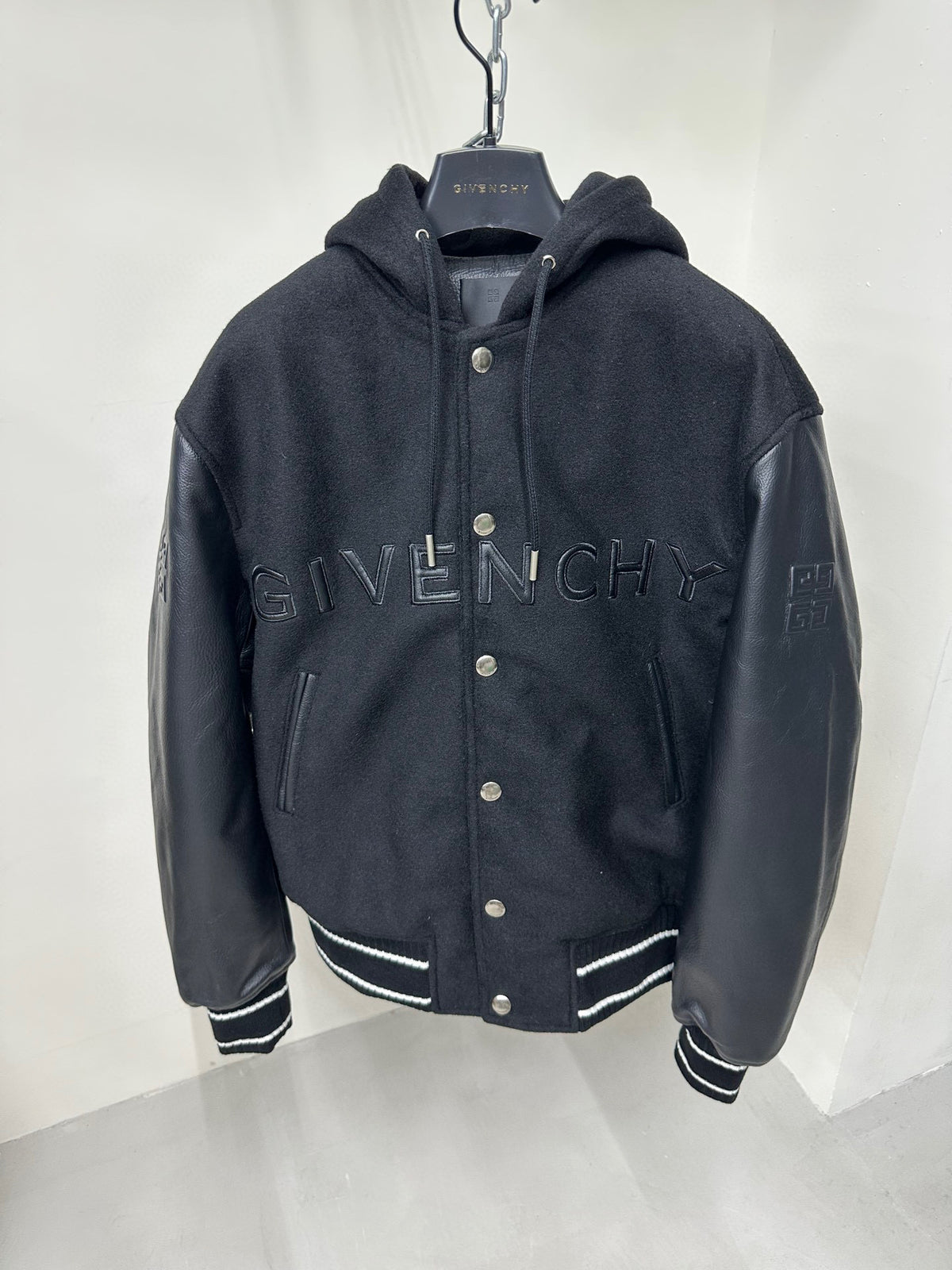 Givenchy Leather Wool Long Sleeve Hooded Zip Split Hat Jacket #1432